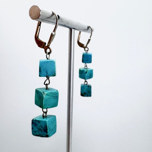 VTG Sterling Silver 925 Cube Turquoise Dangle Earrings Size 1.75" Length - Picture 3 of 8